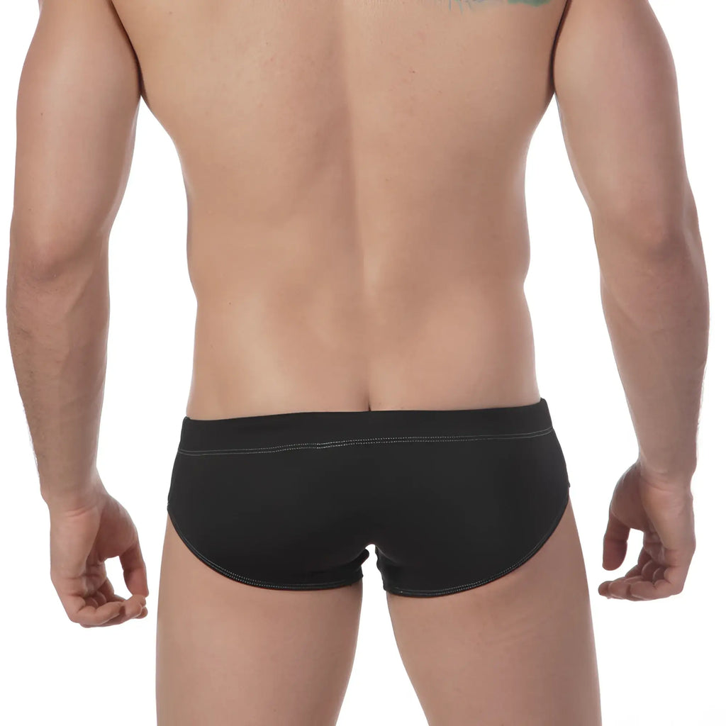MetroMaleWear lowrise swim brief black with contrasting white stitching along waistband and leg openings