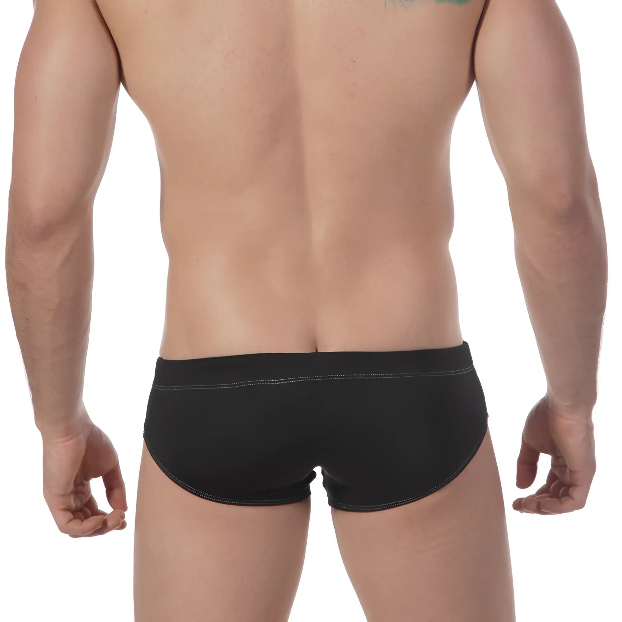 MetroMaleWear lowrise swim brief black with contrasting white stitching along waistband and leg openings