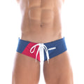 Blue and red MetroMaleWear lowrise swim brief with white drawstring and milly branding for swimwear use