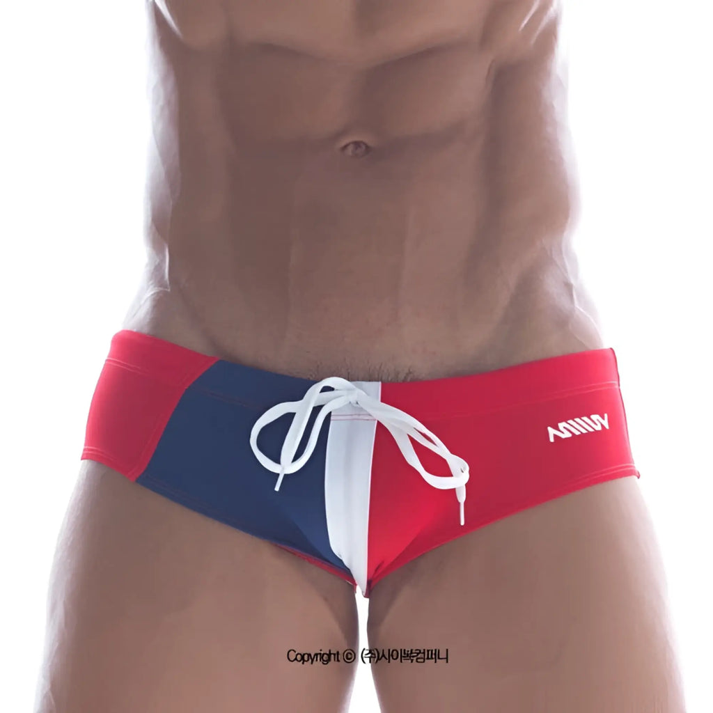 Metro malewear lowrise swim brief red with red blue white stripes and white drawstring branded anony on the side
