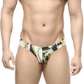 MetroMaleWear Lujo Bikini black and white swim trunks with bold gold chain pattern for stylish beachwear