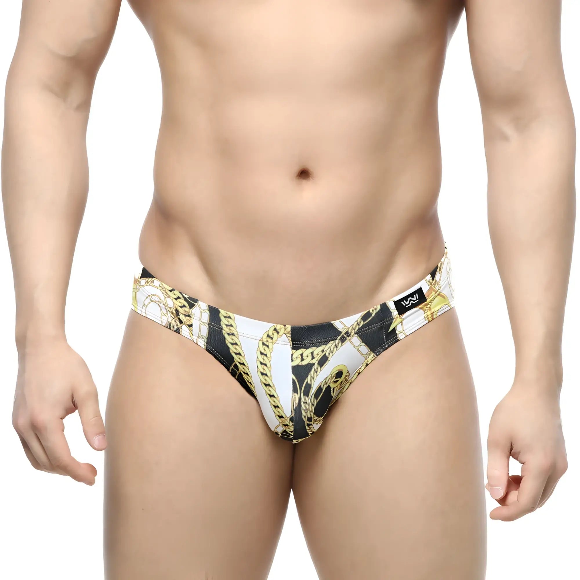 MetroMaleWear Lujo Bikini black and white swim trunks with bold gold chain pattern for stylish beachwear