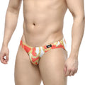 MetroMaleWear Lujo bikini red swim trunks in red and white with bold gold chain pattern for stylish beachwear
