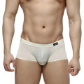 Cream-colored MetroMaleWear Lupin trunk 2026-05 men’s briefs with smooth stretchy fabric and black logo waistband patch