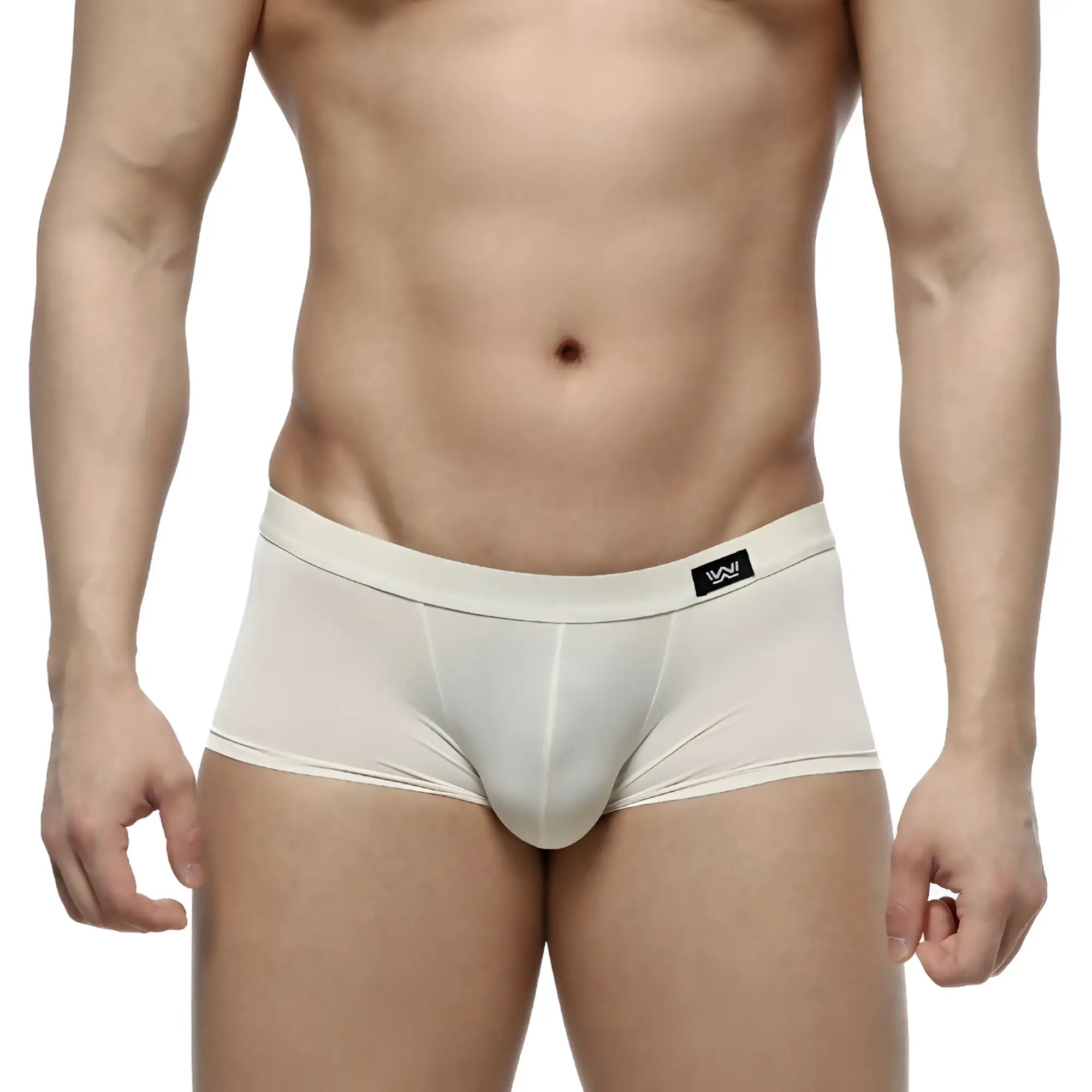 Cream-colored MetroMaleWear Lupin trunk 2026-05 men’s briefs with smooth stretchy fabric and black logo waistband patch