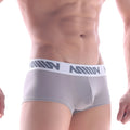 Gray men’s briefs with white elastic waistband featuring repeating dark gray metro malewear logo pattern