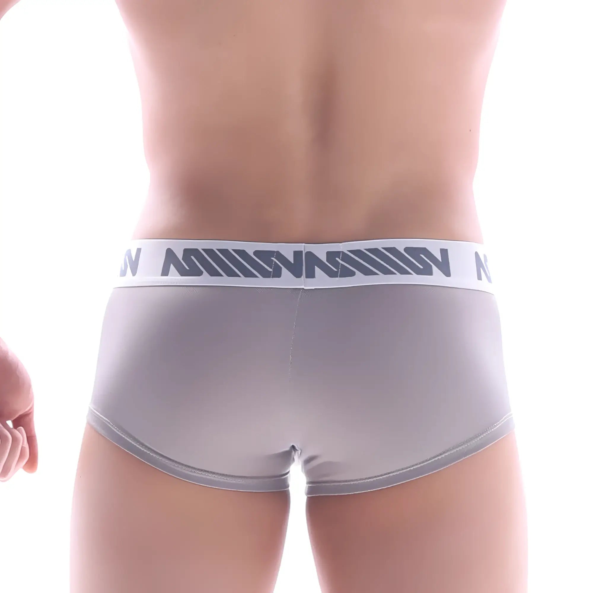 Gray men’s briefs with white elastic waistband featuring dark gray n logo pattern from metromalewear lux boxer beige 2026-51
