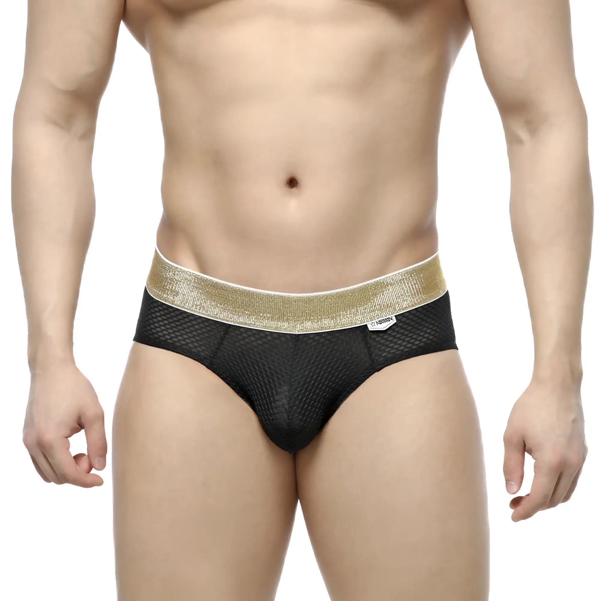 MetroMaleWear luxury hip brief black mesh with a shimmering gold waistband for stylish underwear wear