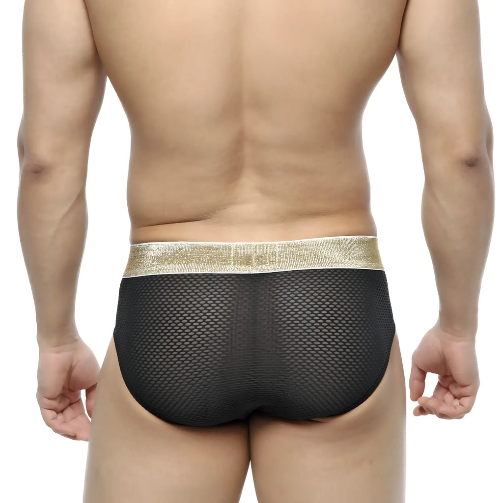 MetroMaleWear luxury hip brief black mesh with shimmering gold waistband stylish and breathable 5003-05