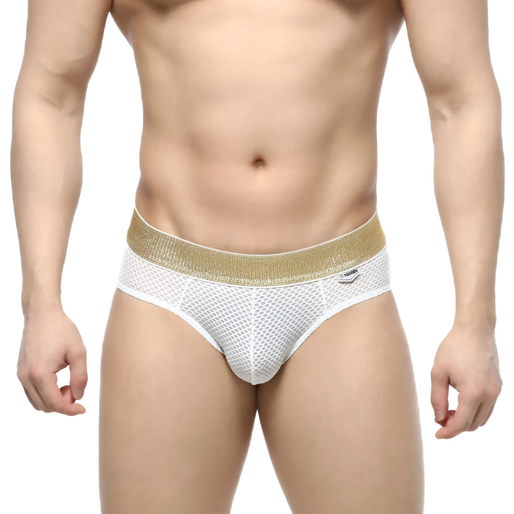 MetroMaleWear luxury hip brief white mesh fabric with shimmering gold waistband designed for comfortable everyday wear