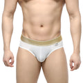 MetroMaleWear luxury hip brief white mesh fabric with shimmering gold waistband designed for comfortable everyday wear