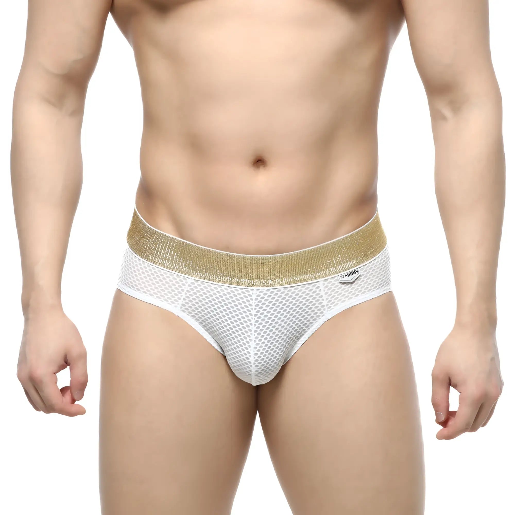 MetroMaleWear luxury hip brief white mesh fabric with shimmering gold waistband designed for comfortable everyday wear