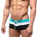 Men’s swim trunks metroMalewear lycos in green with bold teal white and black horizontal stripes and matching drawstring waistband
