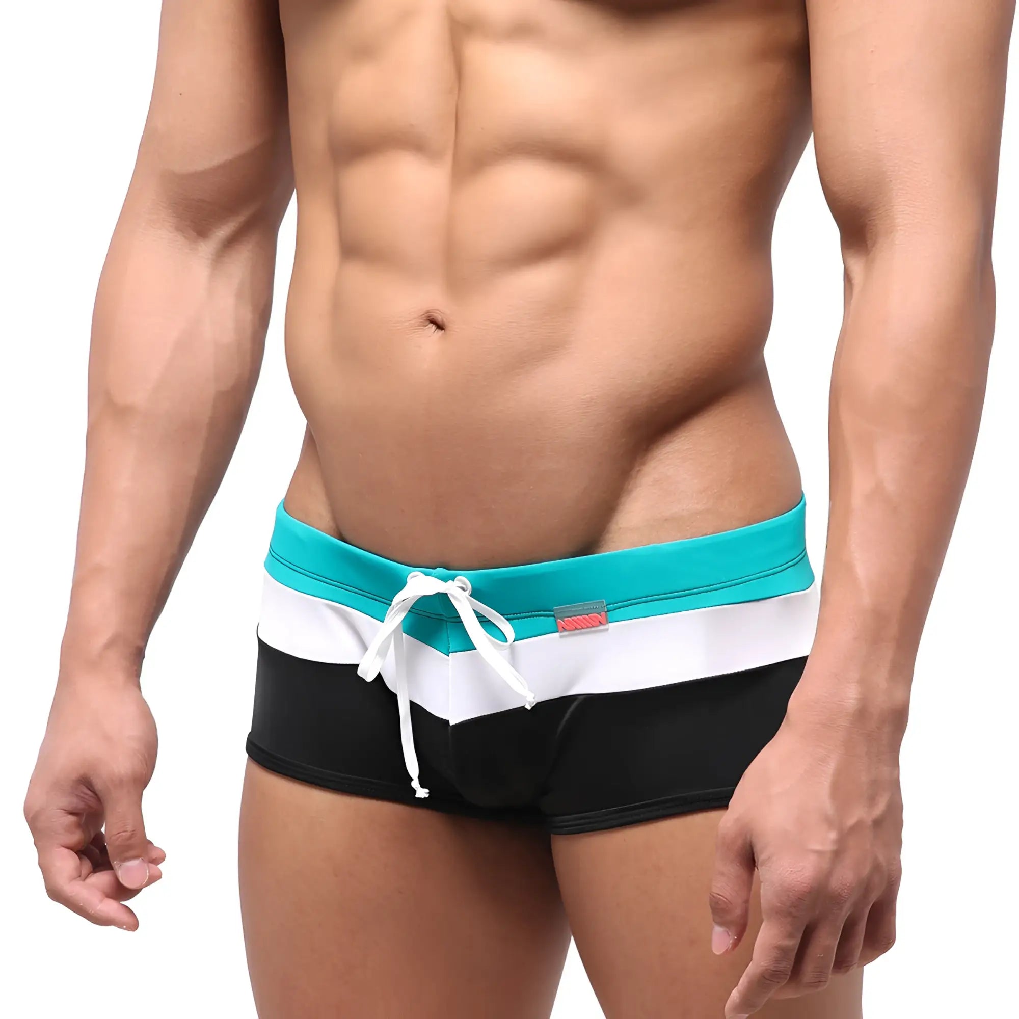 Men’s swim trunks metroMalewear lycos in green with bold teal white and black horizontal stripes and matching drawstring waistband
