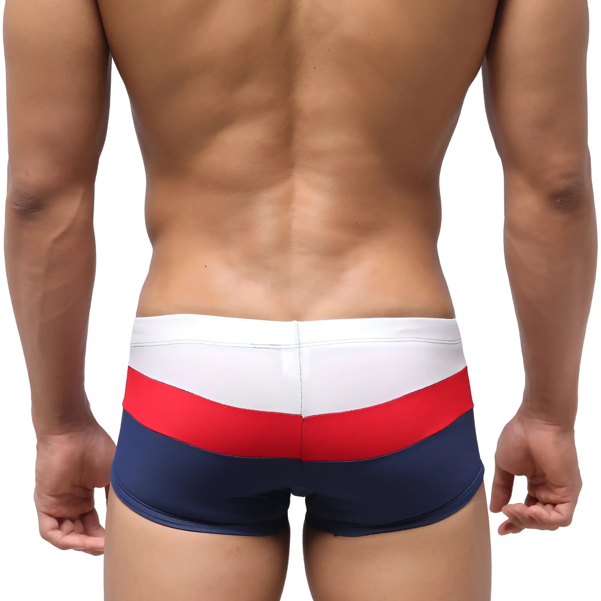 Metro male wear lycos swim trunk navy 4938-28 men’s swim trunks with bold red white and navy blue horizontal stripes