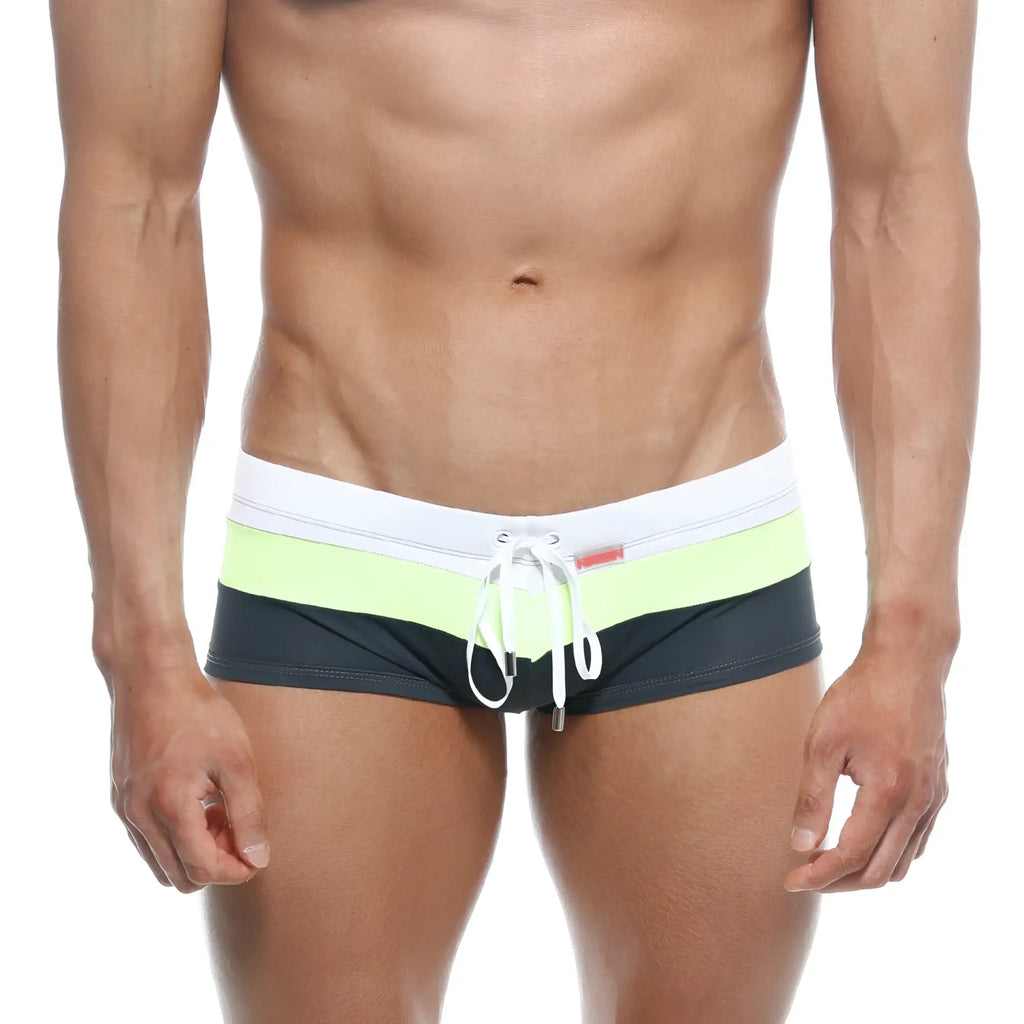 Metro male wear lycos swim trunk white 4938-00 with white waistband lime green and black stripes and white drawstring ties