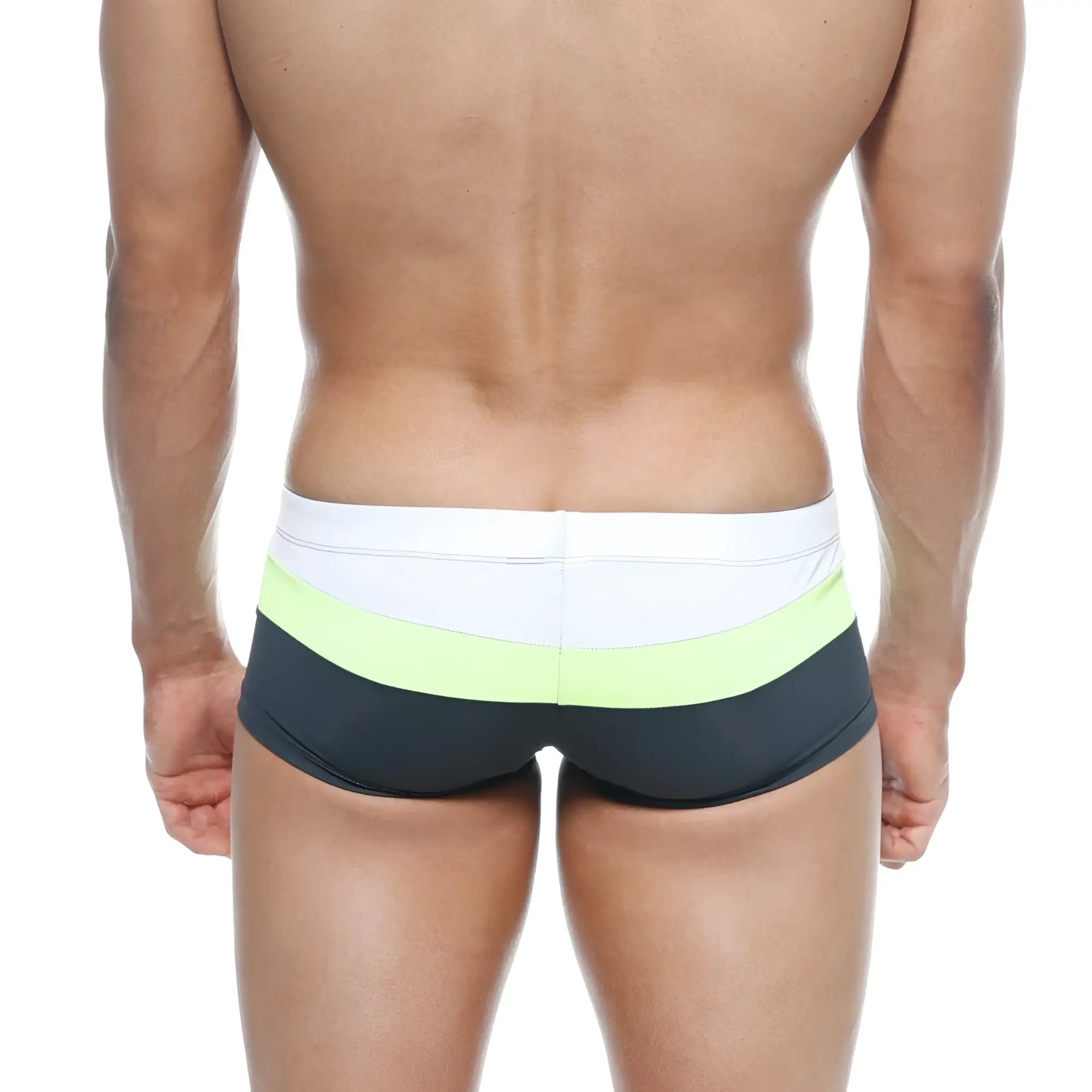 MetroMaleWear lycos men’s swim trunks with white waistband and lime green black horizontal stripes for swimming