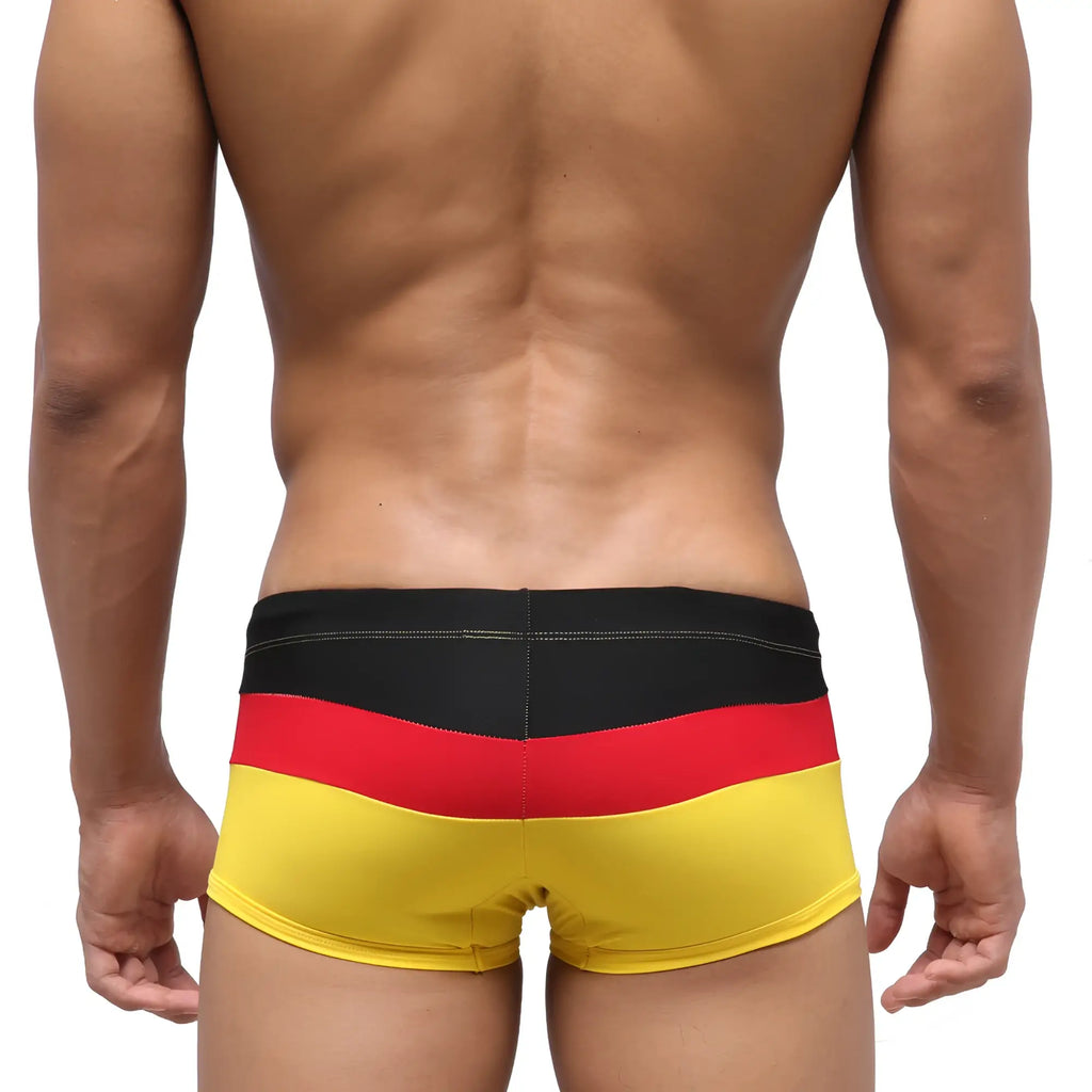 MetroMaleWear Lycos swim trunk in german flag colors black red and yellow with striped design for beachwear