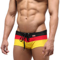 MetroMaleWear Lycos swim trunk yellow 4938-15 with bold black red and yellow horizontal stripes and drawstring waistband