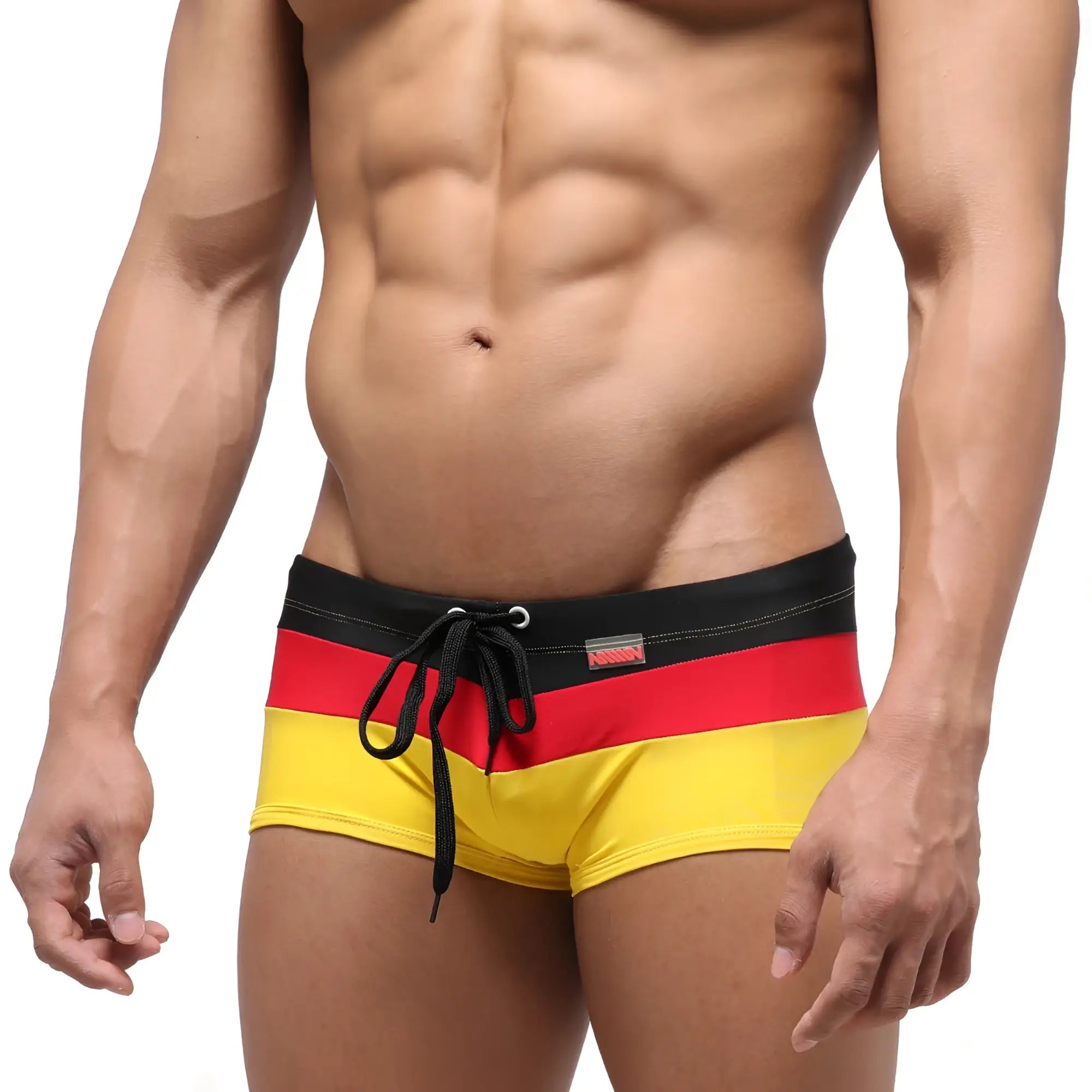 MetroMaleWear Lycos swim trunk yellow 4938-15 with bold black red and yellow horizontal stripes and drawstring waistband