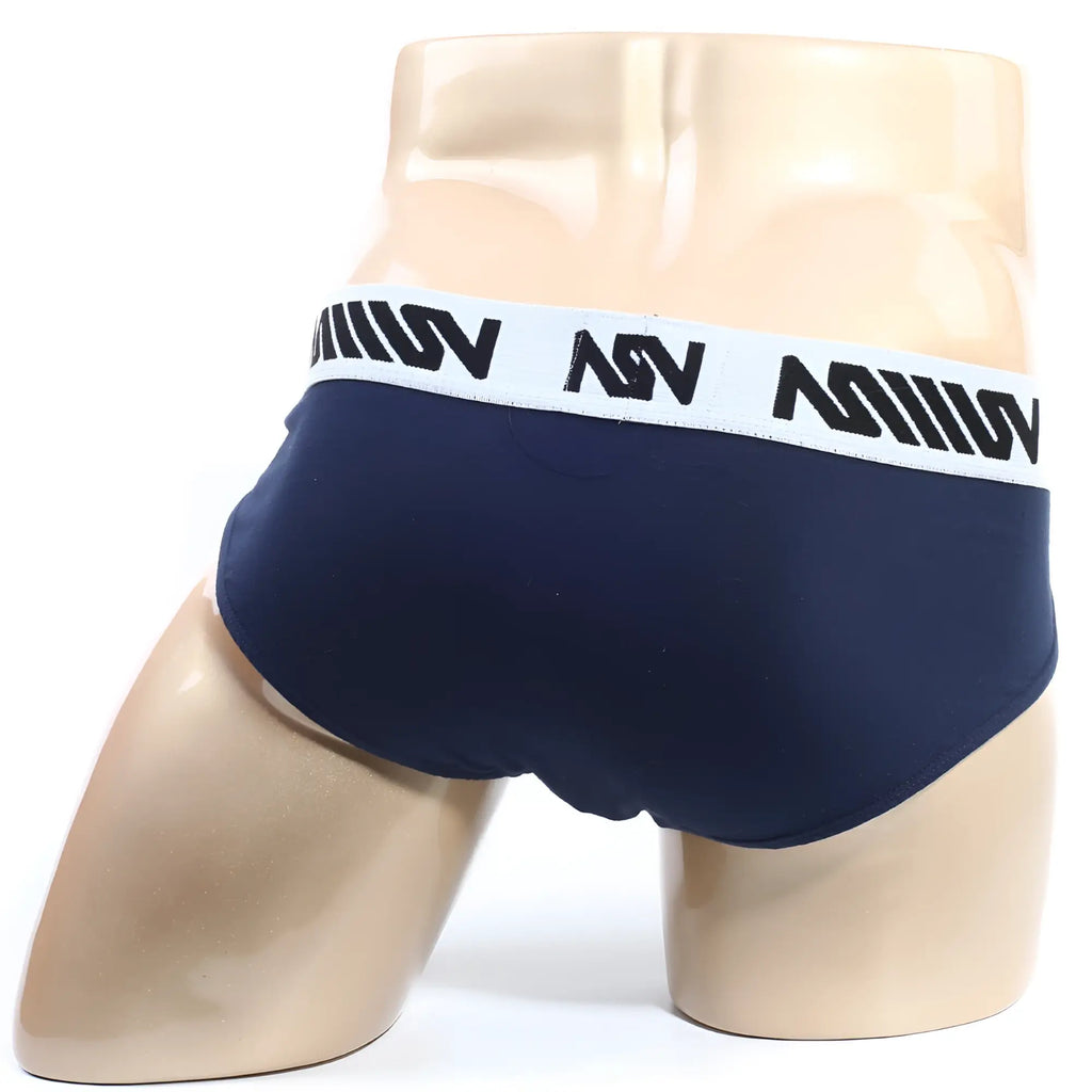 MetroMalewear M25 hip brief dark blue with white elastic waistband featuring black asv branding for comfortable wear