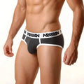 Dark gray mens briefs with white elastic waistband featuring black nation branding from metromalewear