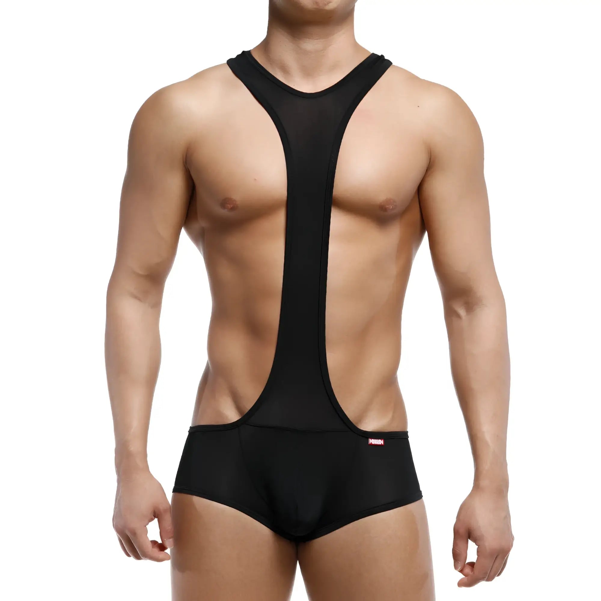 MetroMaleWear Acme singlet black 0010-20 wrestling singlet in black mesh and fabric with central y-back design shown from back