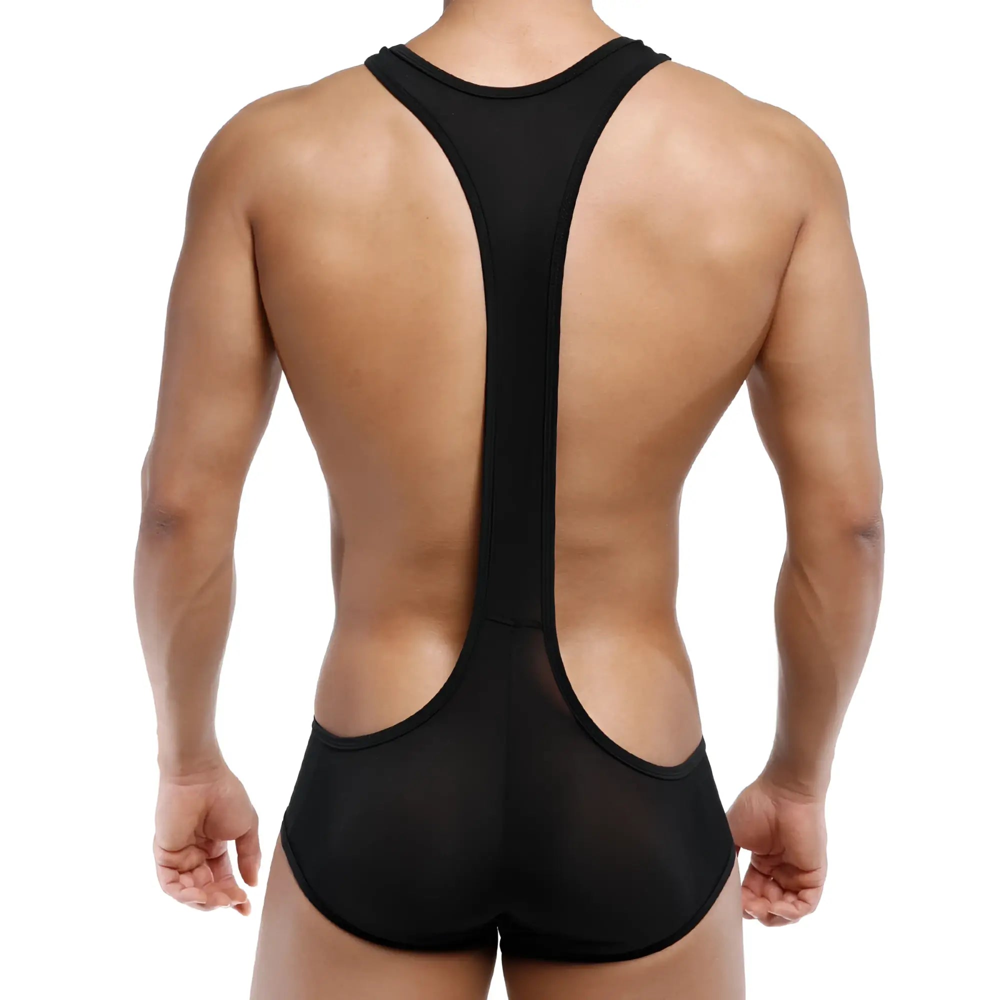 Black form-fitting metro malewear acme singlet with racerback design and mesh panels shown from back side