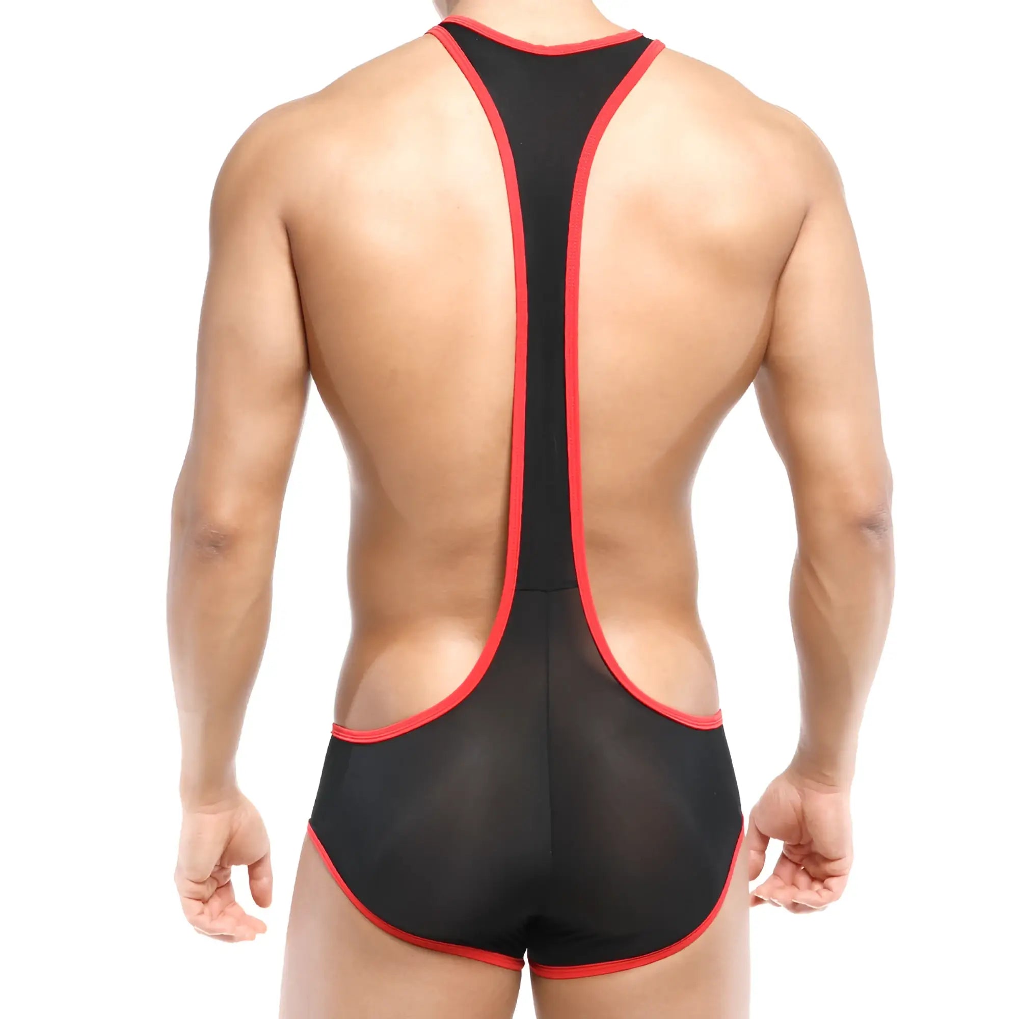 Black mesh wrestling singlet with red trim from MetroMaleWear Acme Singlet red 0010-12 for athletic performance
