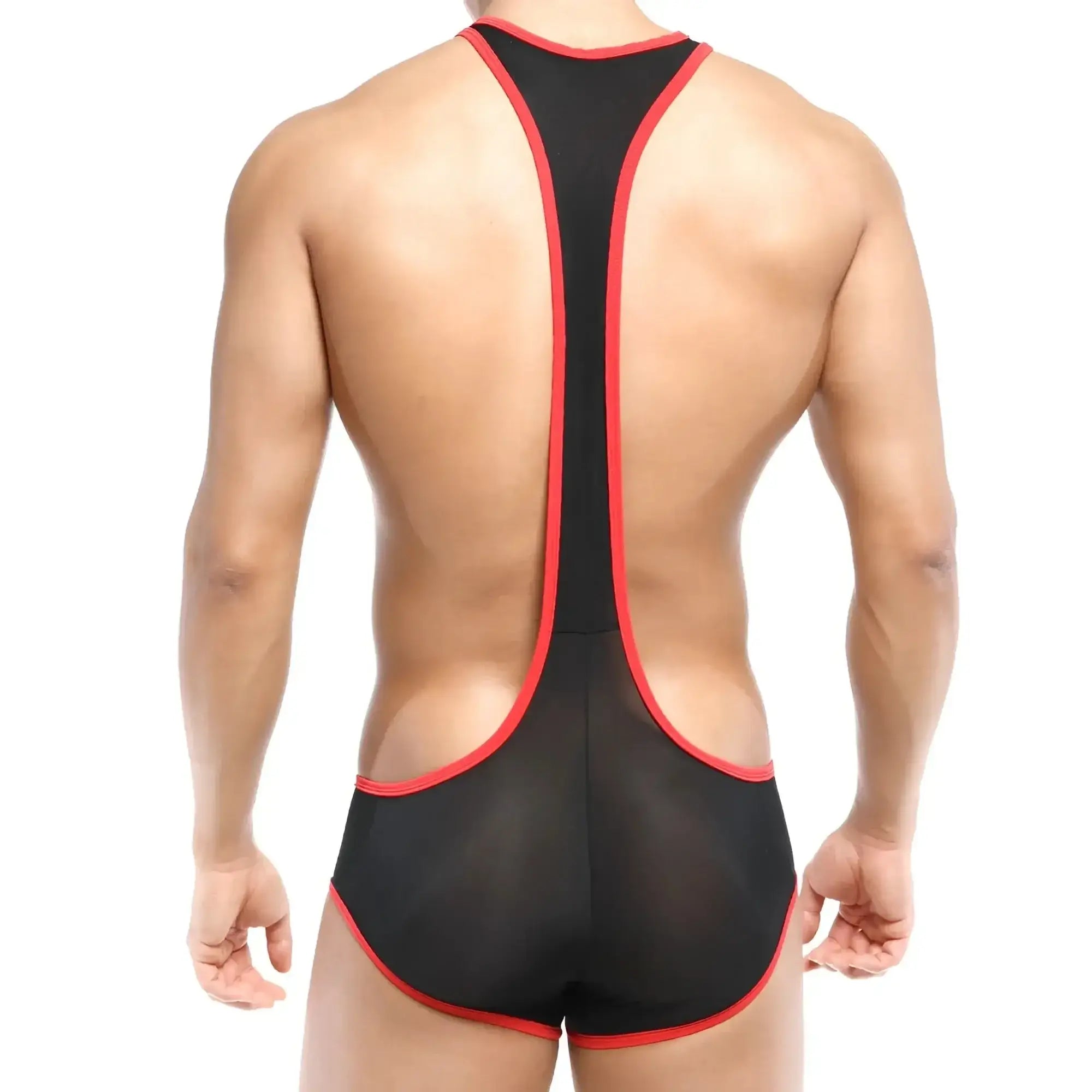 Black mesh wrestling singlet with red trim from MetroMaleWear Acme Singlet red 0010-12 for athletic performance