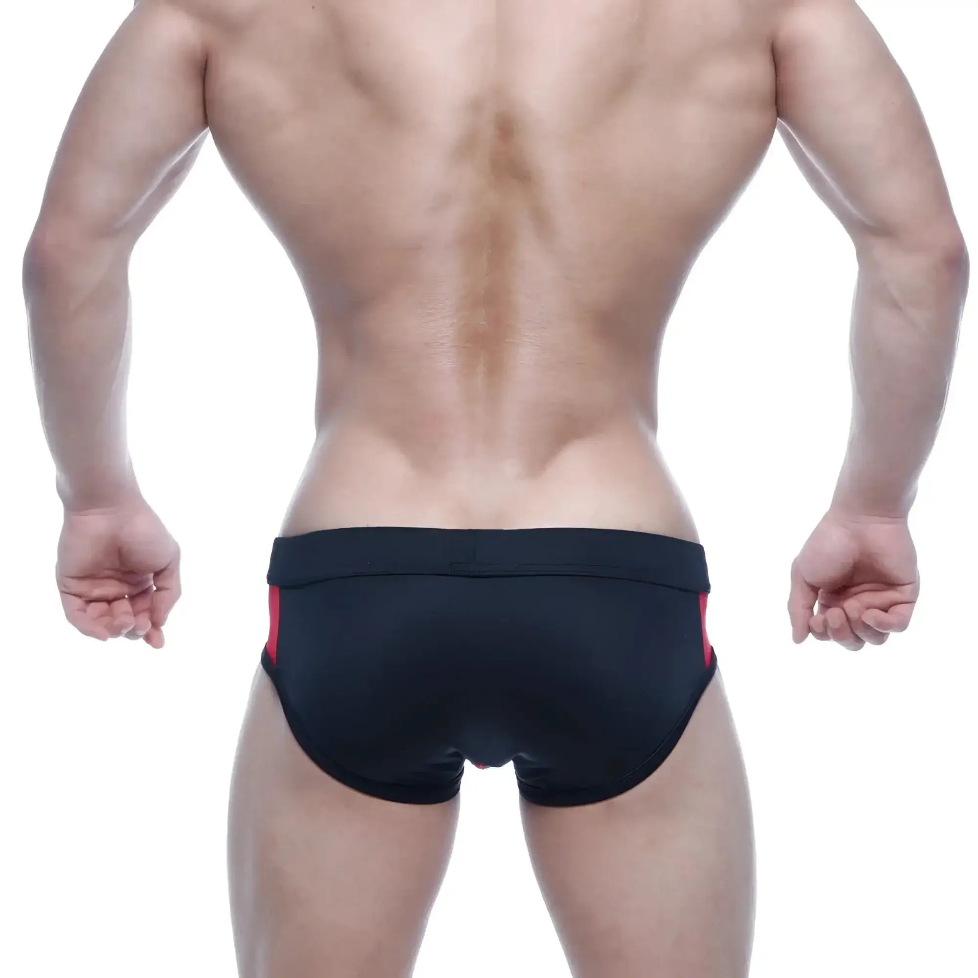 MetroMaleWear Alonzo swim brief in black with red side panels designed for comfortable swimming and beachwear