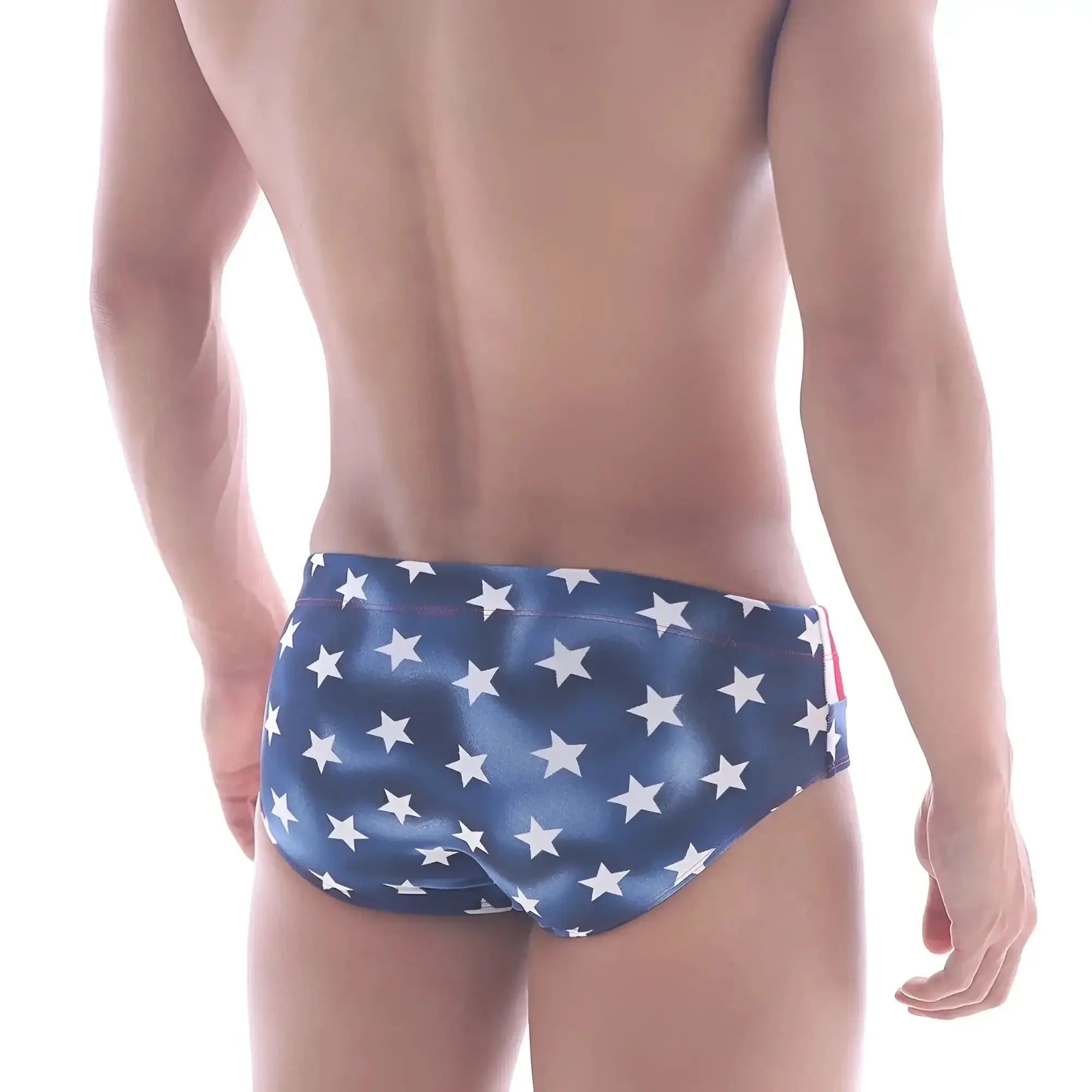 Blue swim trunks with white star pattern by metromalewear american swim brief 4928-90 for beachwear