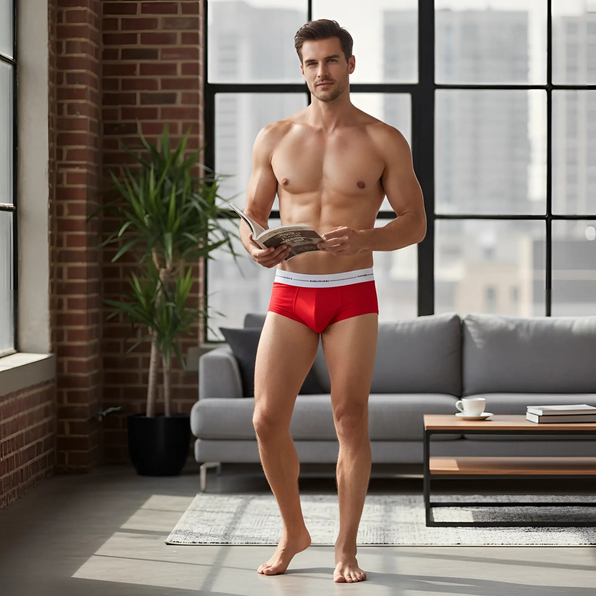 Three-pack of MetroMaleWear Asian bikini men’s briefs in yellow red and black with white elastic waistbands