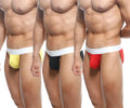 Three men’s athletic briefs in yellow black and red with white elastic waistbands from metromalewear asian bikini 3pack