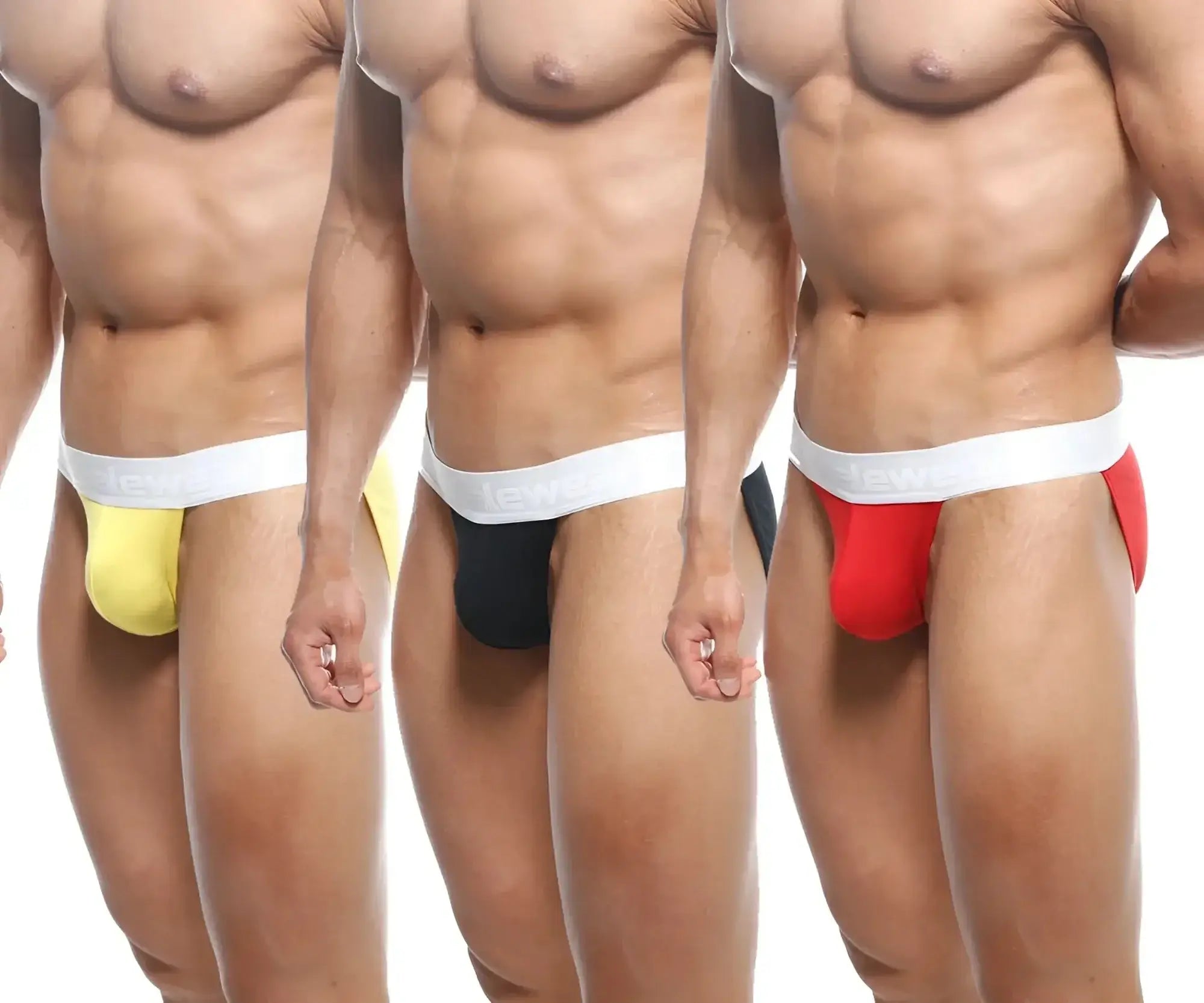 Three men’s athletic briefs in yellow black and red with white elastic waistbands from metromalewear asian bikini 3pack