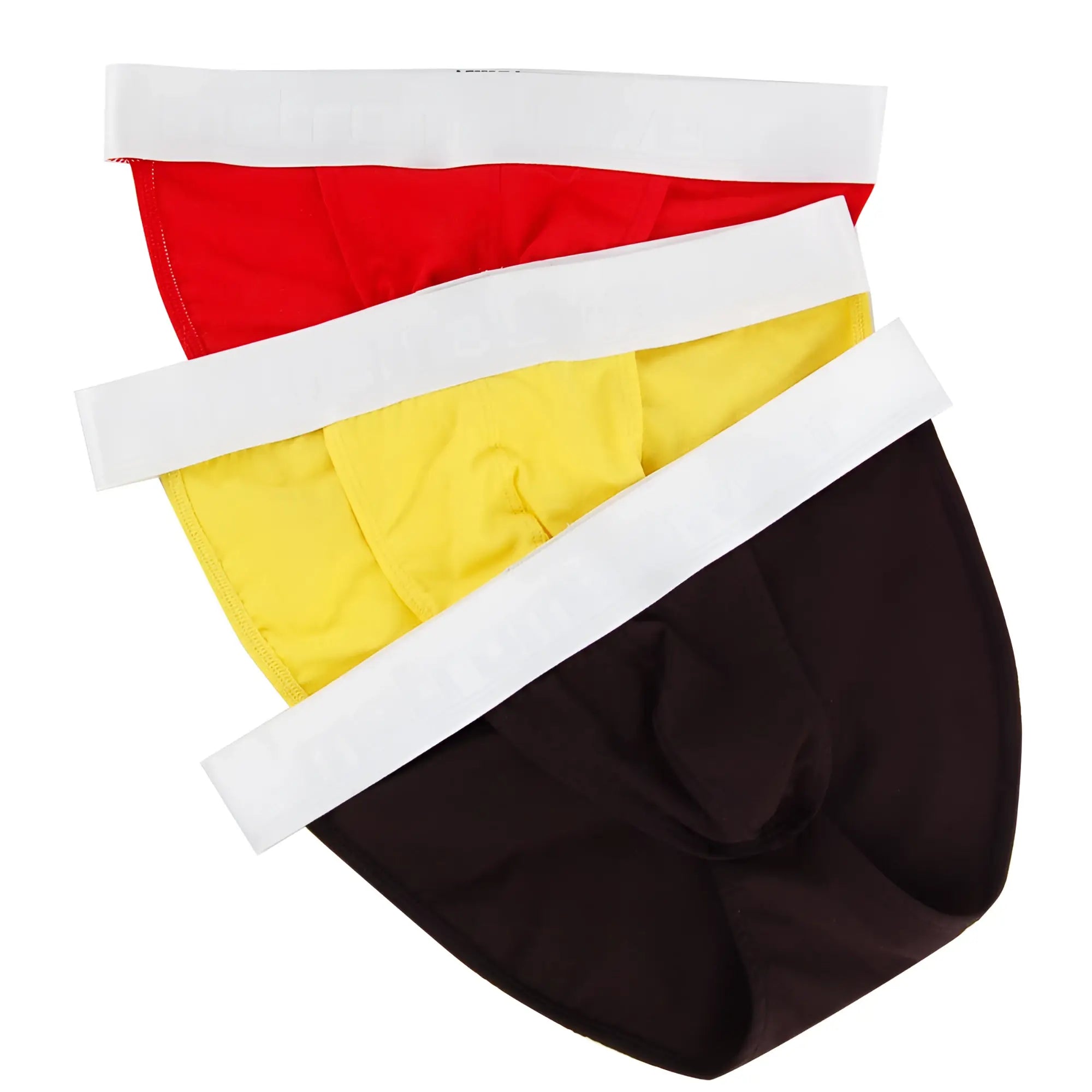Three pairs of metriorsmallwear asian bikini briefs in red yellow and dark brown with white elastic waistbands