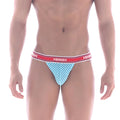 Light blue and white striped men’s briefs with red aquav waistband from MetroMaleWear Asian Bikini Arco 3004-49