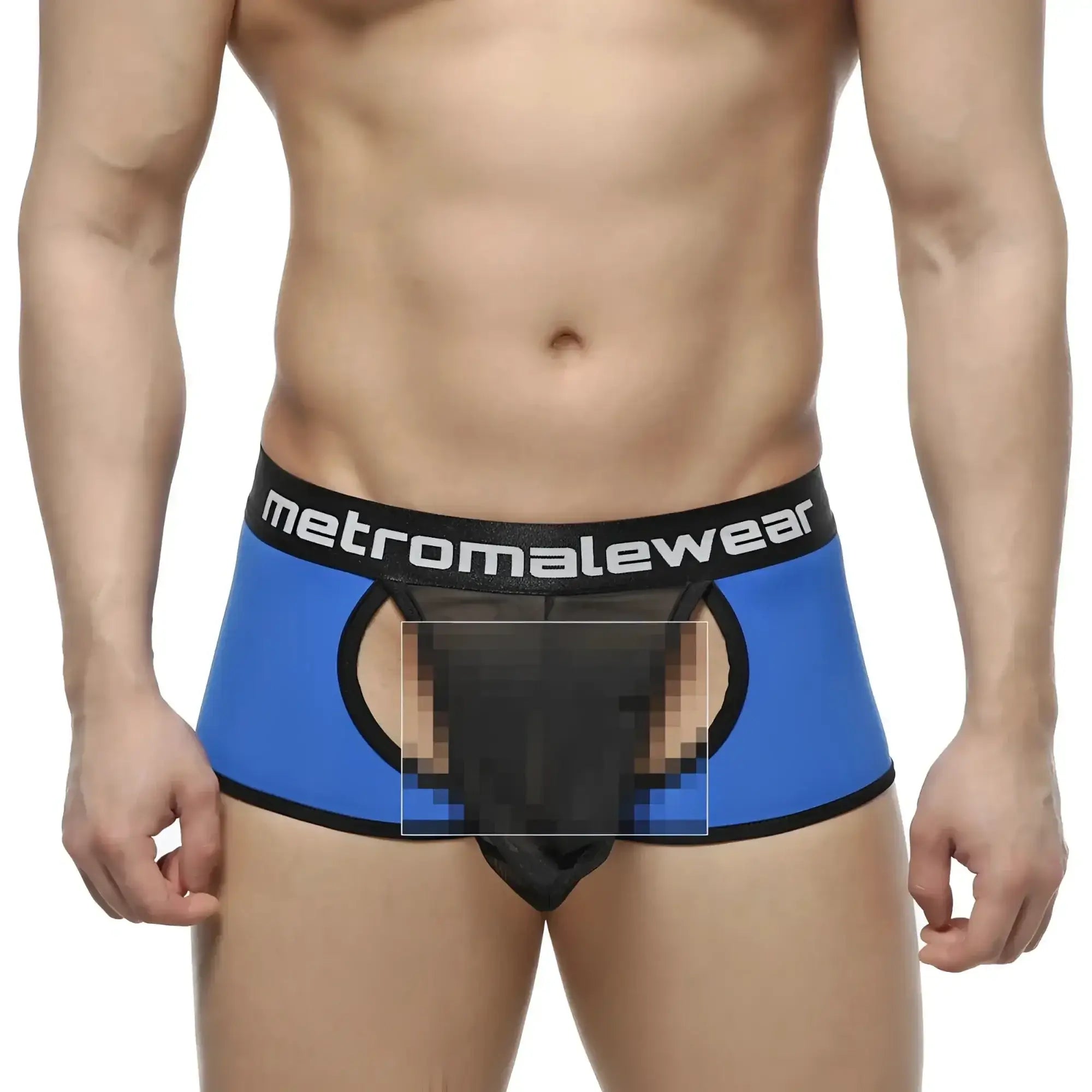 Blue and black mesh briefs with branded waistband from MetroMaleWear Atope Trunk Royal 7023-18 front view