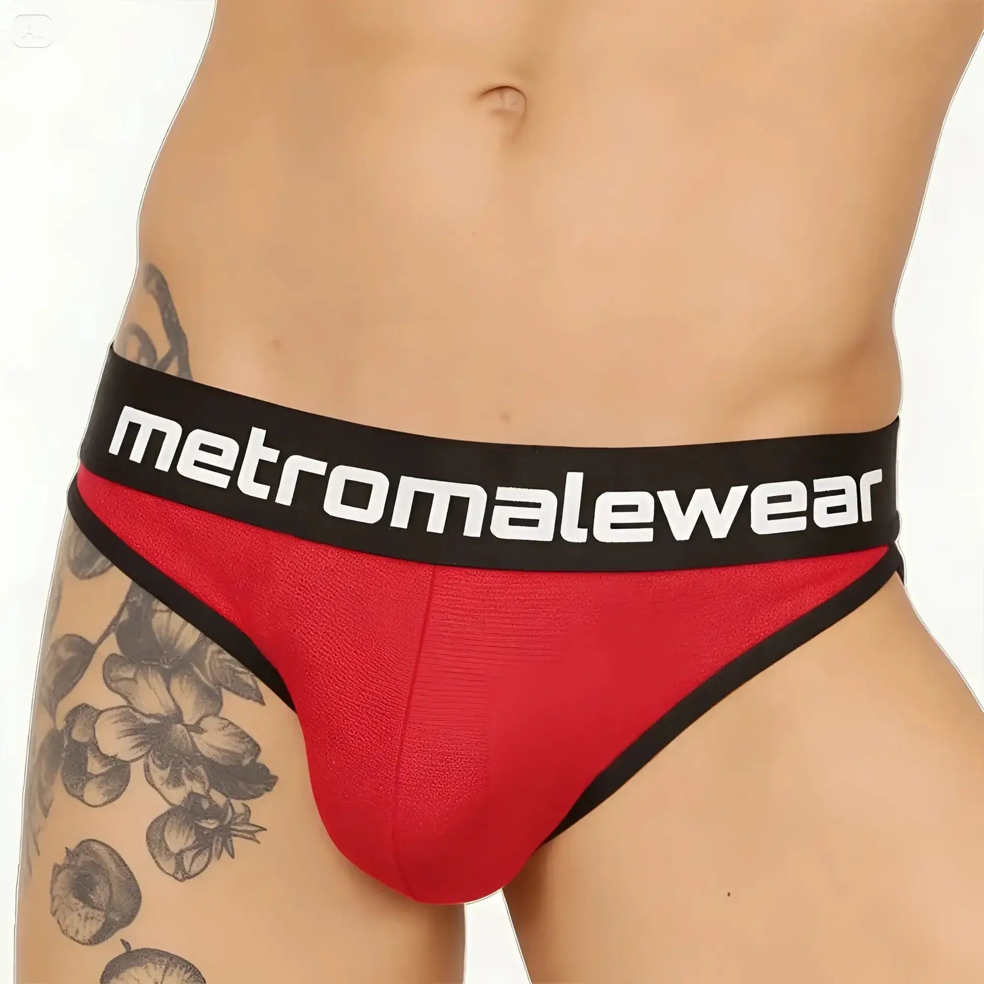 MetroMalewear audace bikini briefs in red and black with textured fabric finish showing front side details