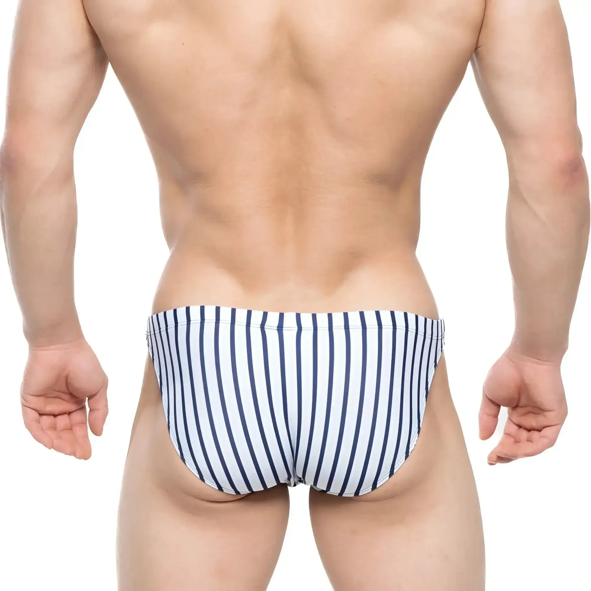 Navy blue and white striped metroMalewear ball park swim bikini 4987-40 men’s swim trunks with quick-dry fabric