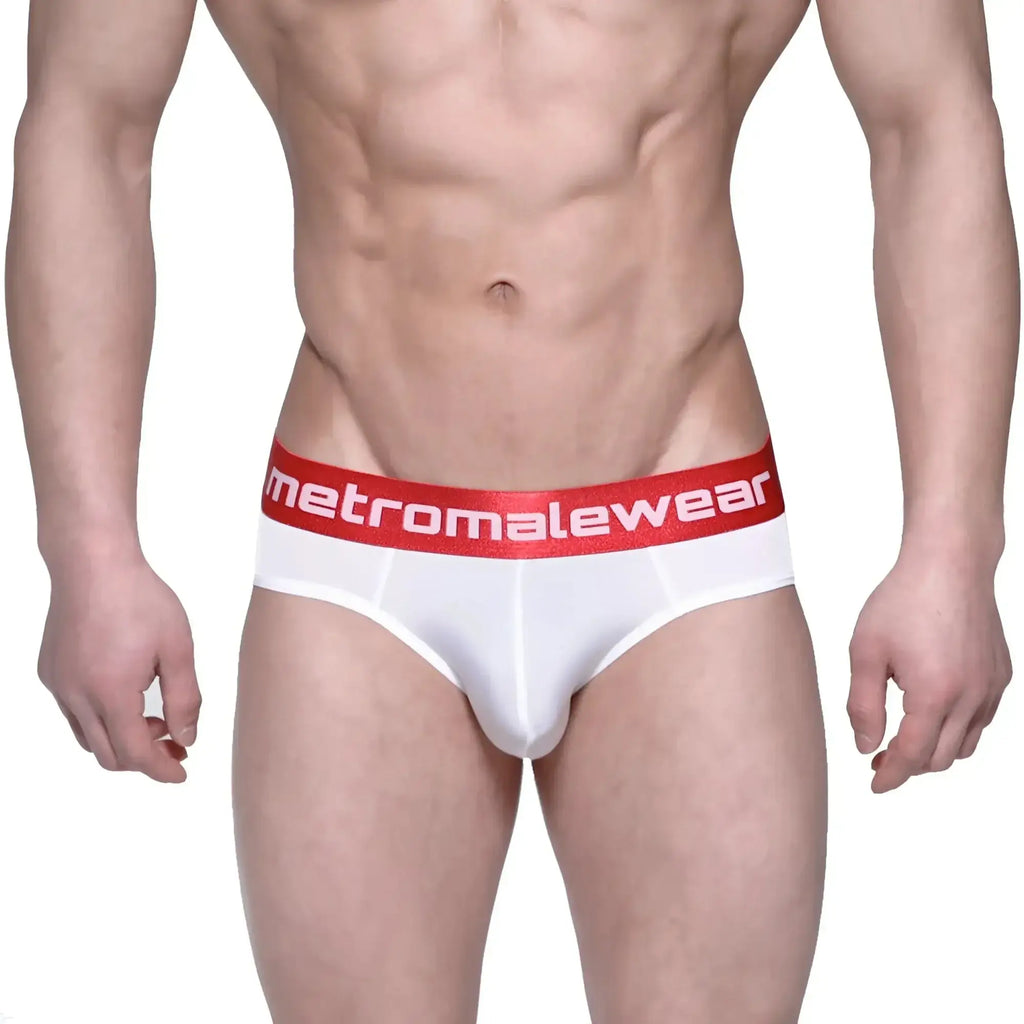 White briefs with red waistband featuring metromalewear logo in white lettering metro-malewear benjamin hip brief 5003-02