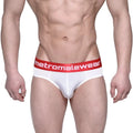 White briefs with red waistband featuring metromalewear logo in white lettering metro-malewear benjamin hip brief 5003-02