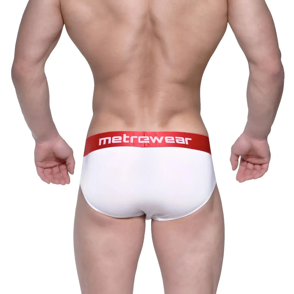 White men’s hip briefs with a red waistband featuring the metrewear logo designed for comfort and support