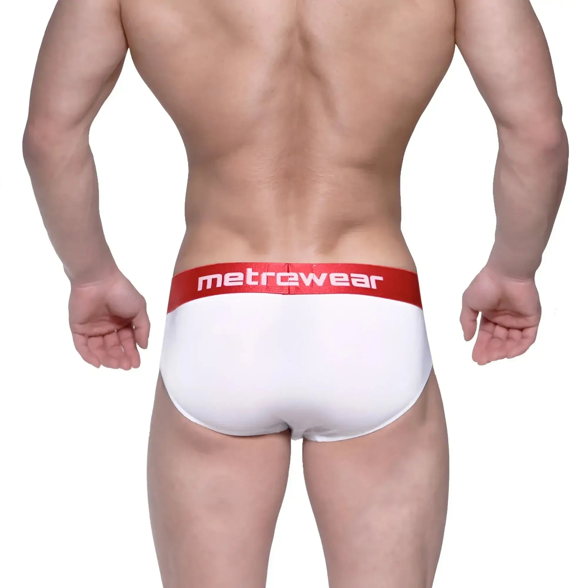 White men’s hip briefs with a red waistband featuring the metrewear logo designed for comfort and support