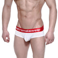 White men’s briefs with a red waistband featuring the metromalewear logo in white from the benjamin mini cheek boxer