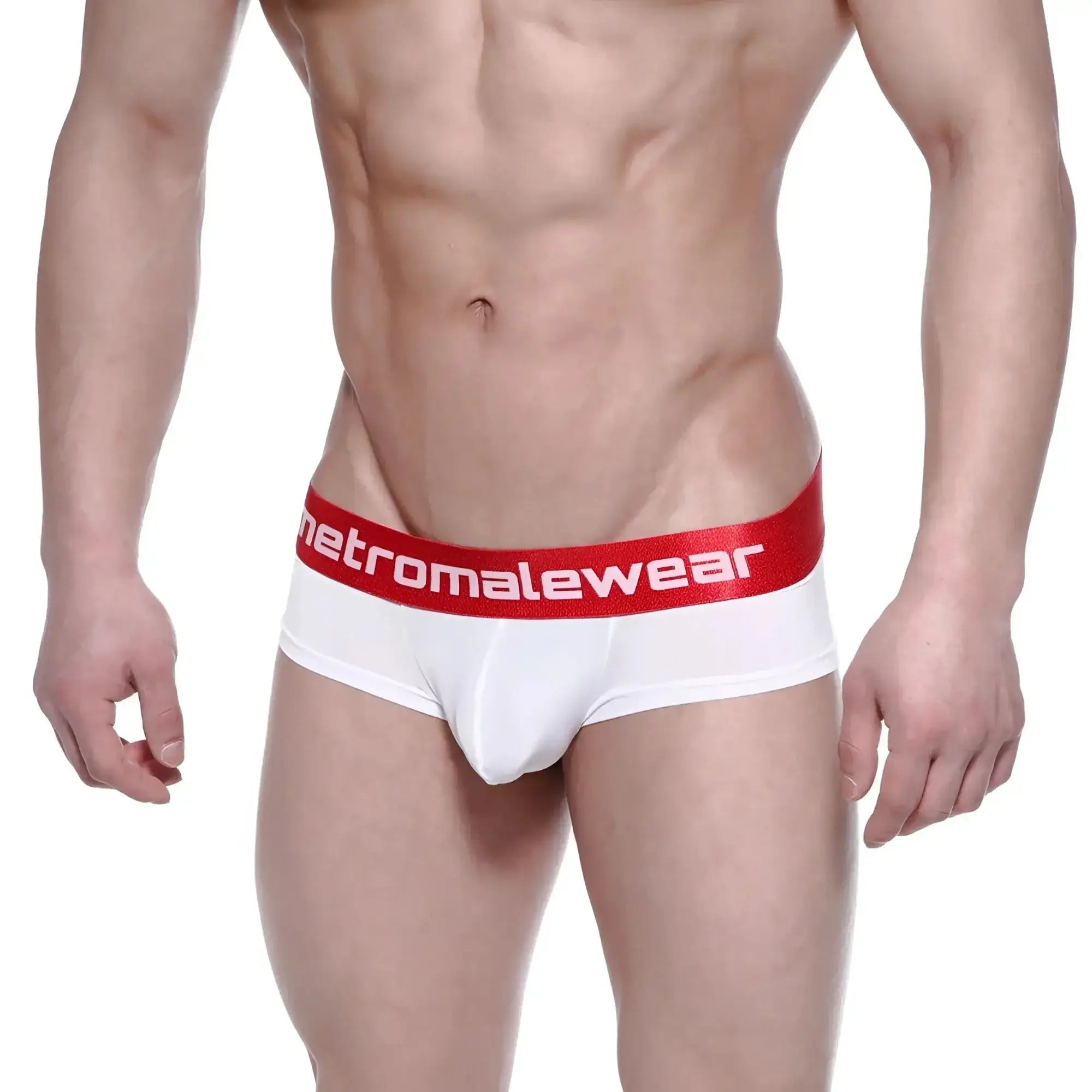 White men’s briefs with a red waistband featuring the metromalewear logo in white from the benjamin mini cheek boxer