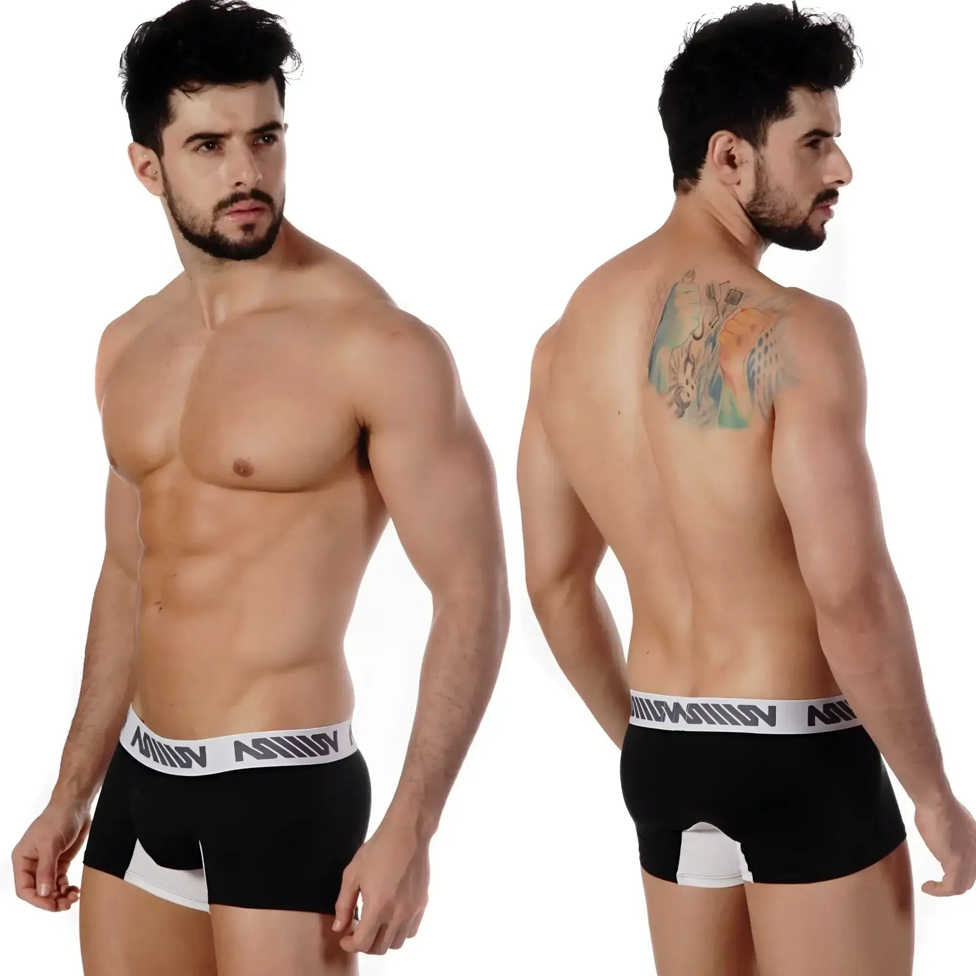 Black boxer briefs with white trim and repeating logo band metro malewear bi-color short boxer heather 3022-32