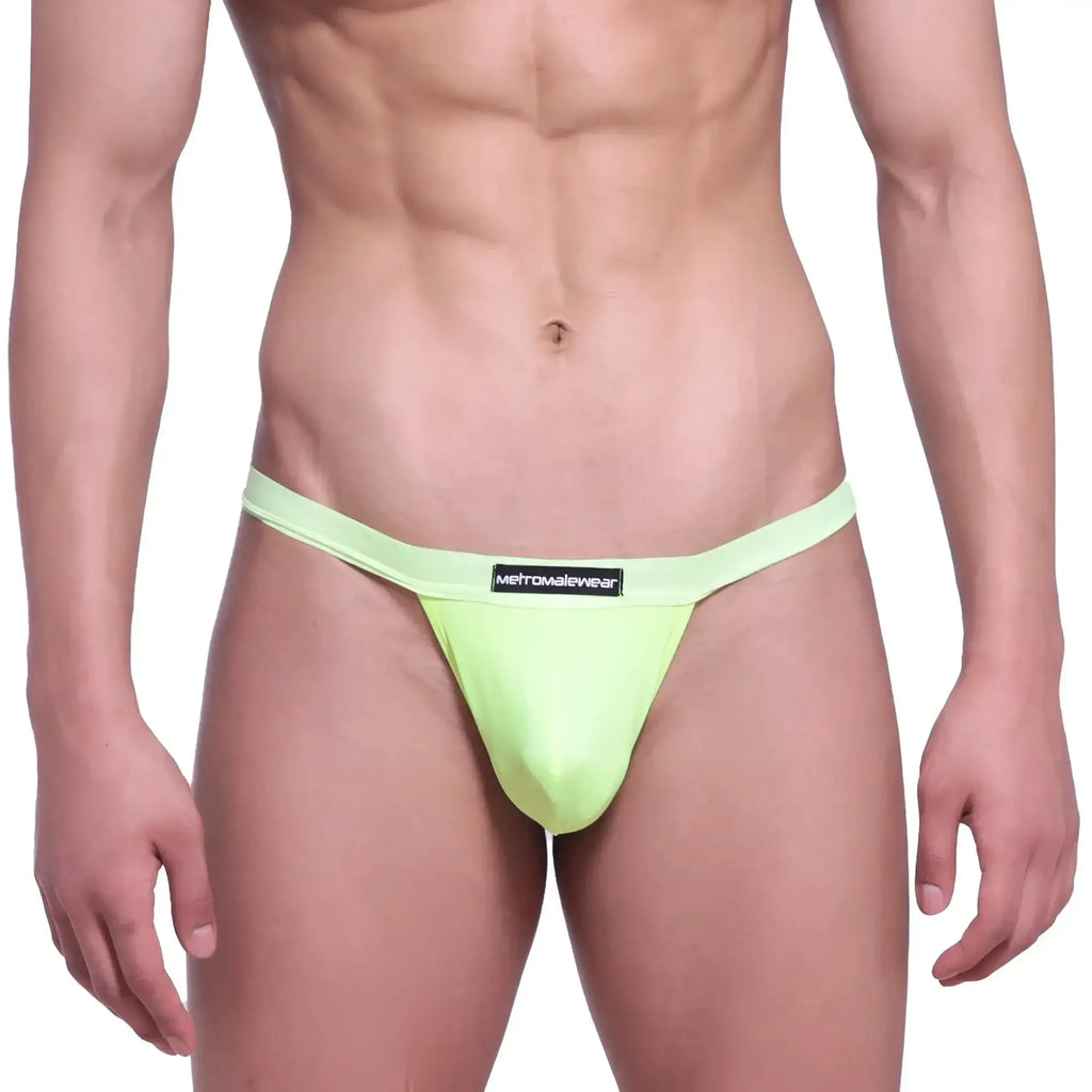 Bright lime green metro malewear big pouch thong with black waistband label in neon green 1402-07 design