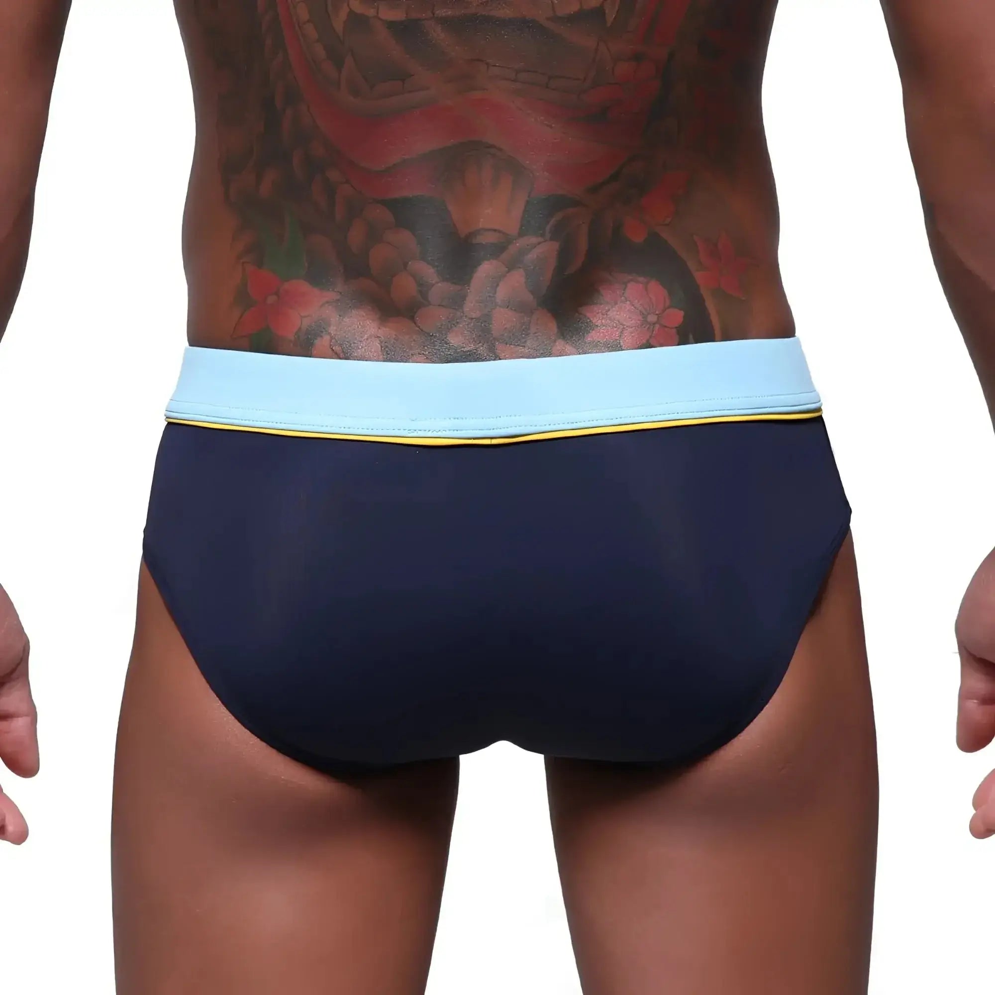 MetroMaleWear bing sport swim brief navy blue with light blue waistband and yellow trim for active swimming