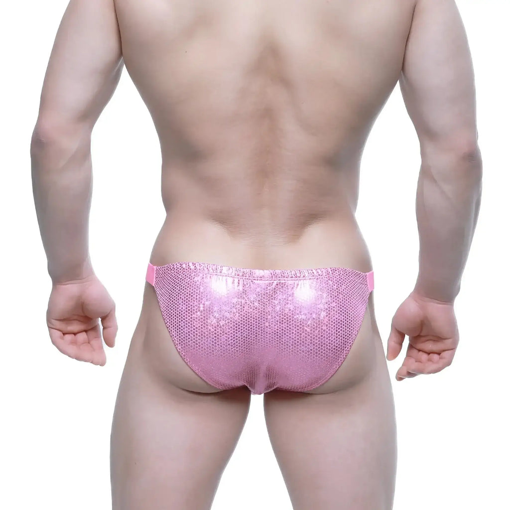 MetroMaleWear Bling Bikini pink sequined briefs with mesh texture and matching pink elastic waistband front view